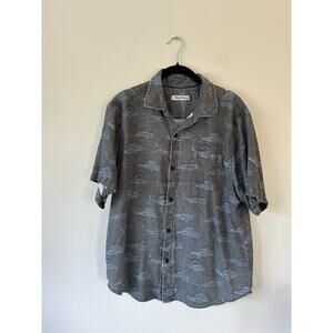 Tommy Bahama mens button down shirt size L blue print embroidered back silk